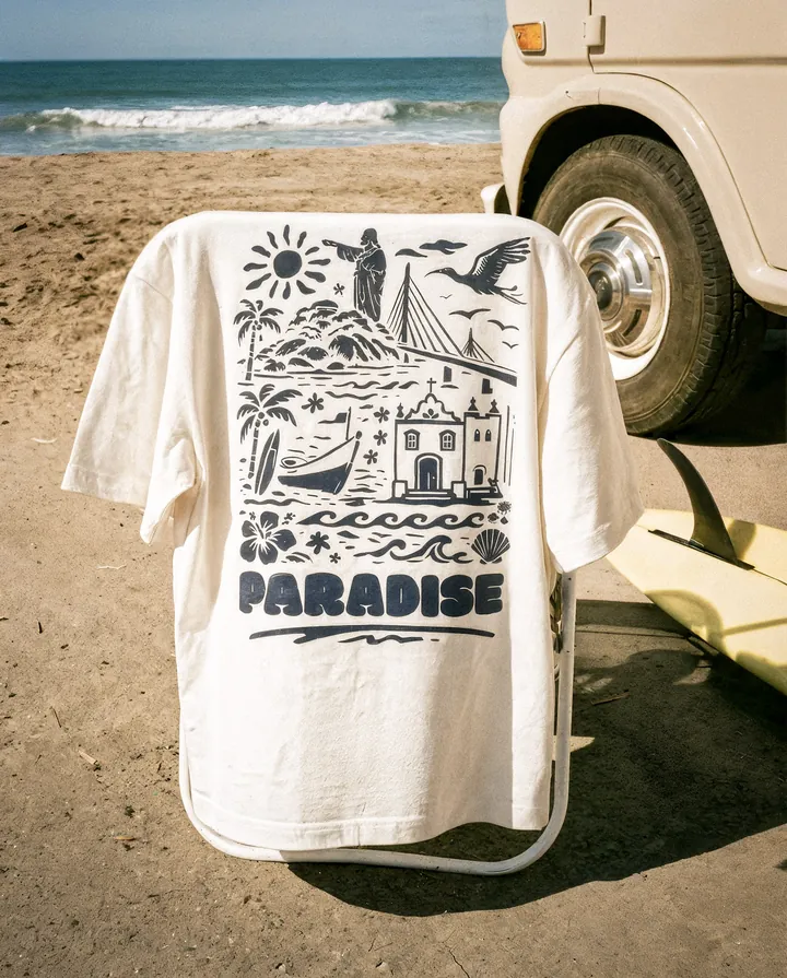 Camiseta branca Paradise pendurada na van