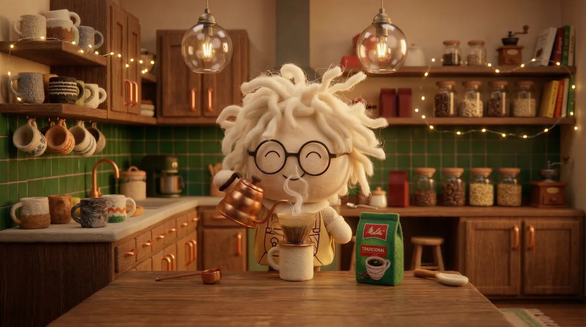 Ned, de lã, passando café no coador com o pacote da Melitta na bancada