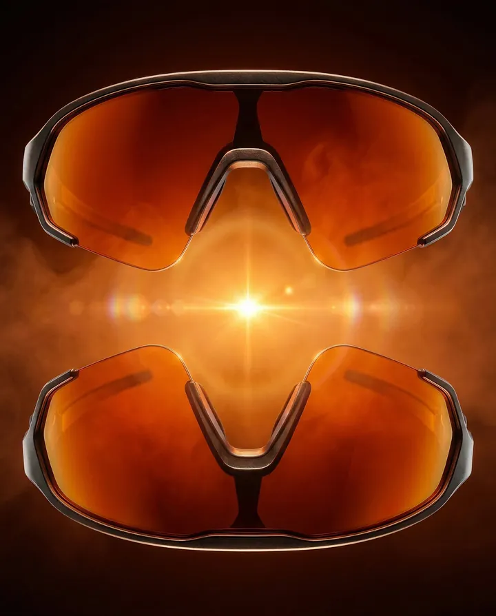As lentes laranja do óculos com um brilho no centro